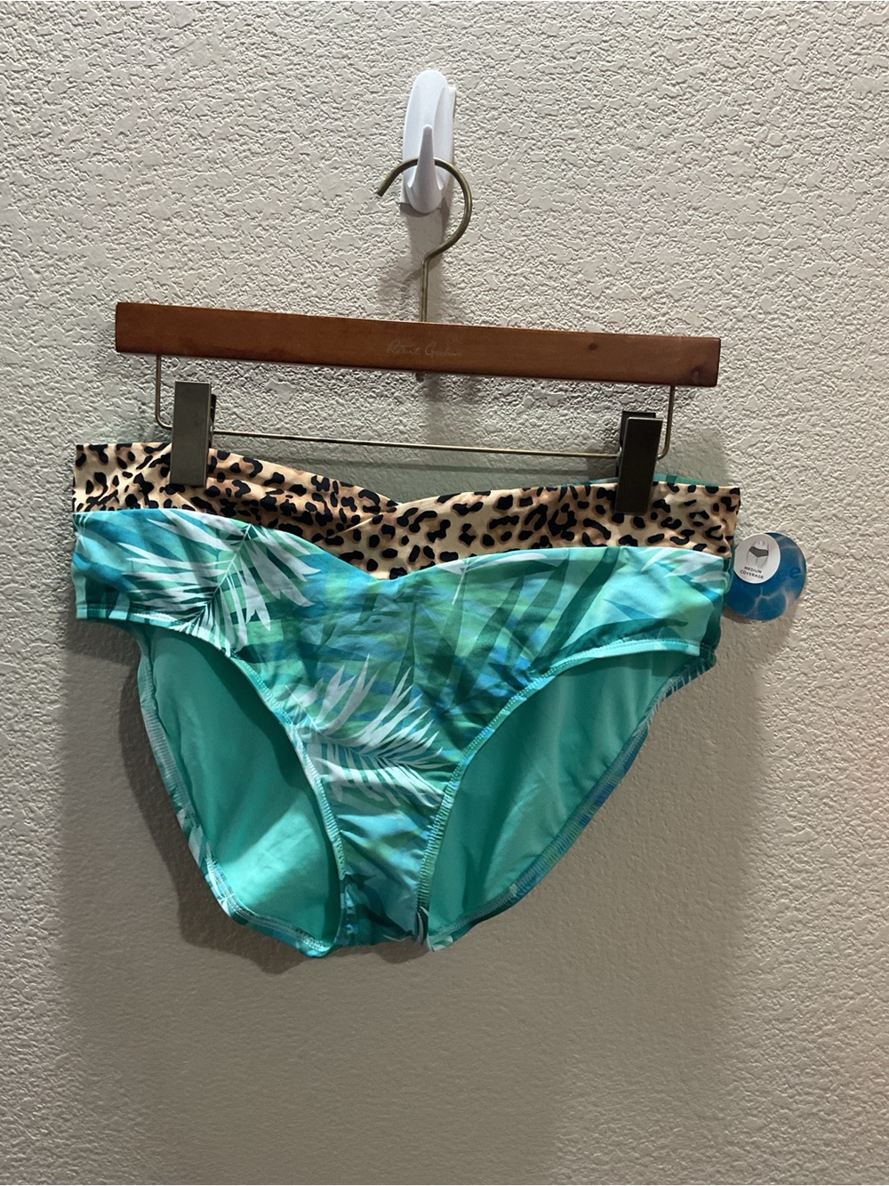 Decree Turquoise Palm Print Bikini Bottoms with Leopard Fold-Over Waist